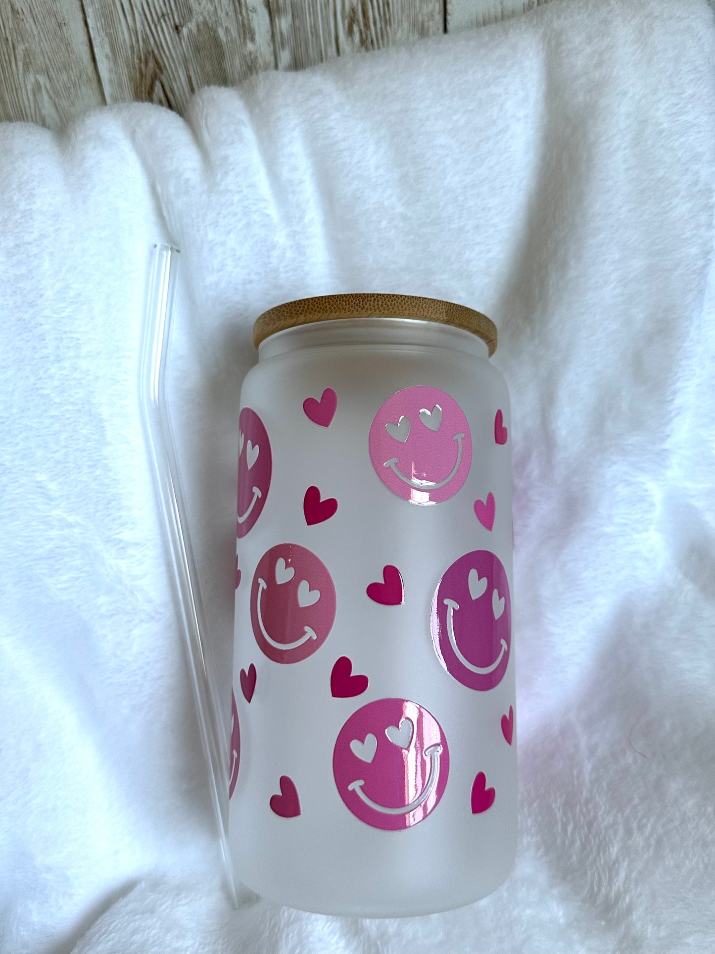 Pink Smiley Faces and Hearts Glass Cup