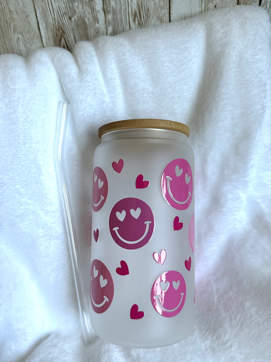 Pink Smiley Faces and Hearts Glass Cup