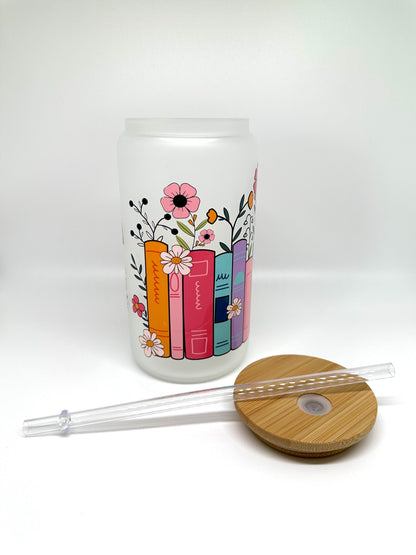 Booklovers Glass Cup, Books and Flowers Glass Cup